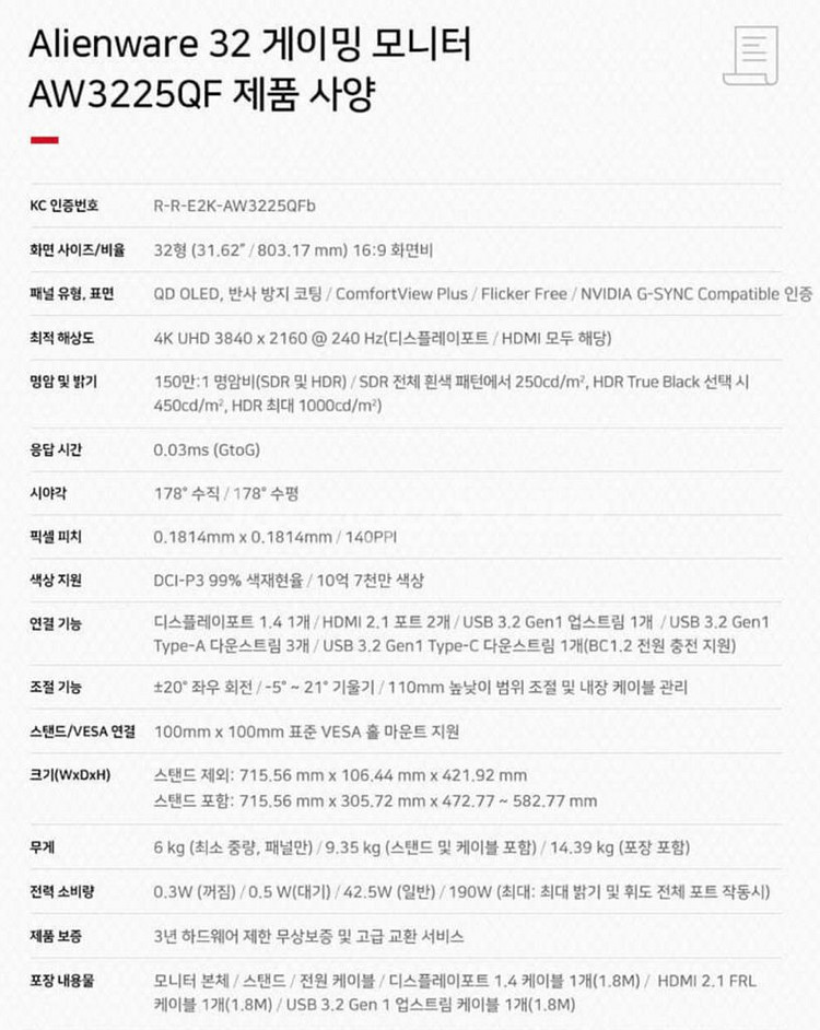 델 Alienware AW3225QF 모니터--2