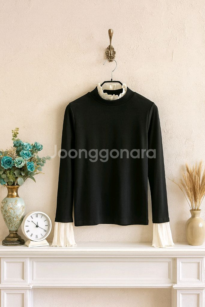 소매 프릴 반폴라티 / 블랙 긴팔 / 여성 슬림핏 이너--0