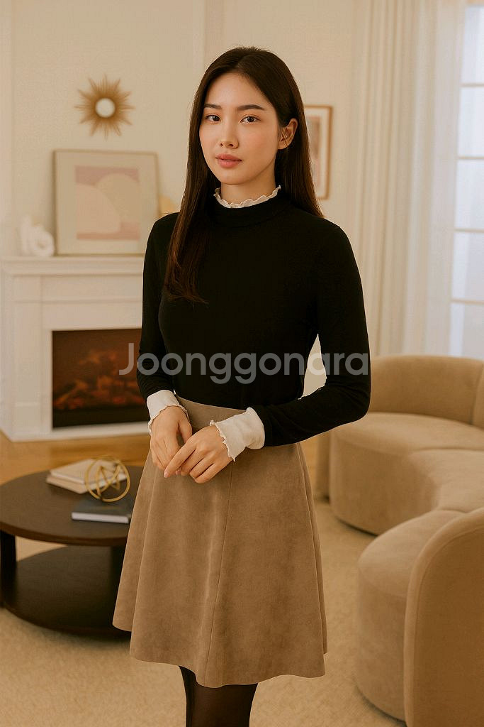 소매 프릴 반폴라티 / 블랙 긴팔 / 여성 슬림핏 이너--1