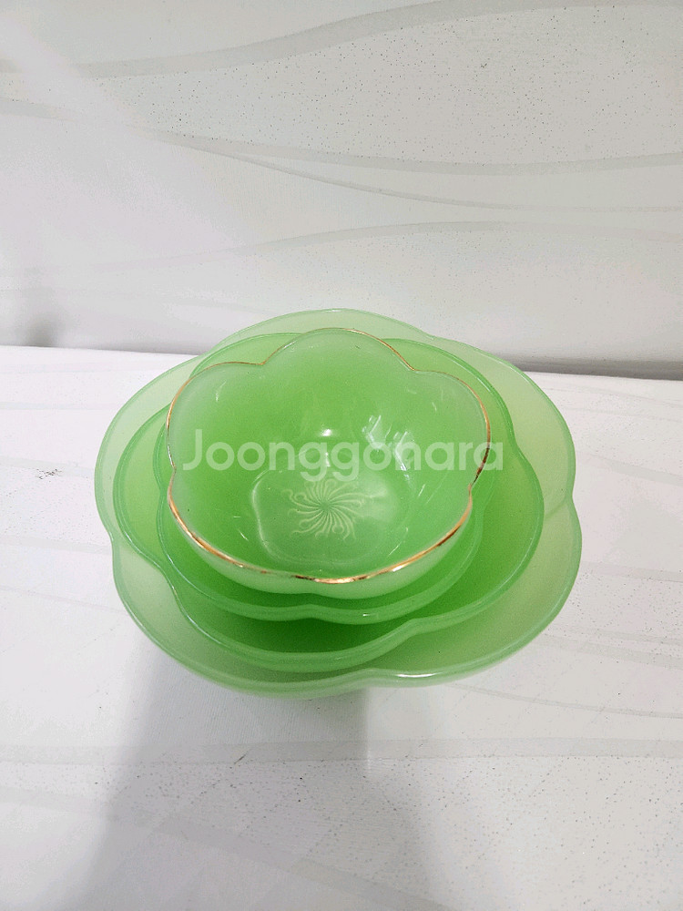 레트로 밀크글라스 옥색 연꽃 접시--1