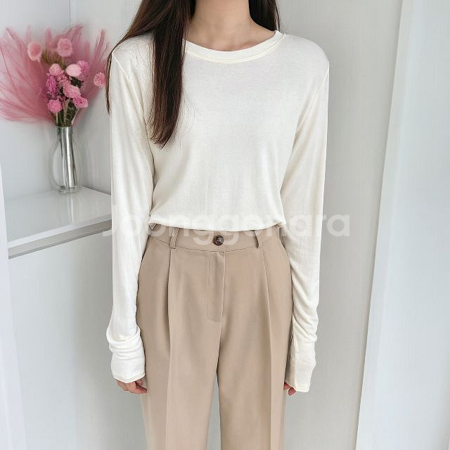 베이직 데일리 텐셀 시스루 라운드 이너 긴팔티셔츠--1