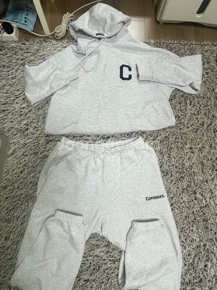 커버낫 트레이닝 셋업 멜란지 그레이 후드 조거팬츠--0