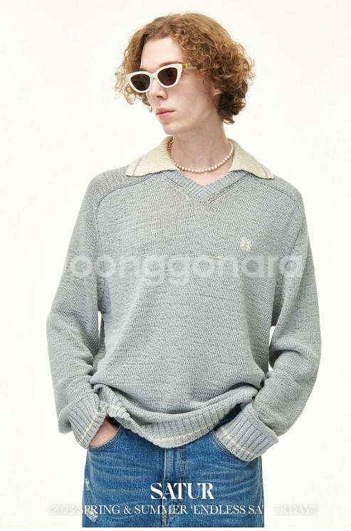 satur 세터 로잔 브이 넥 칼라 니트 글레이셔--0