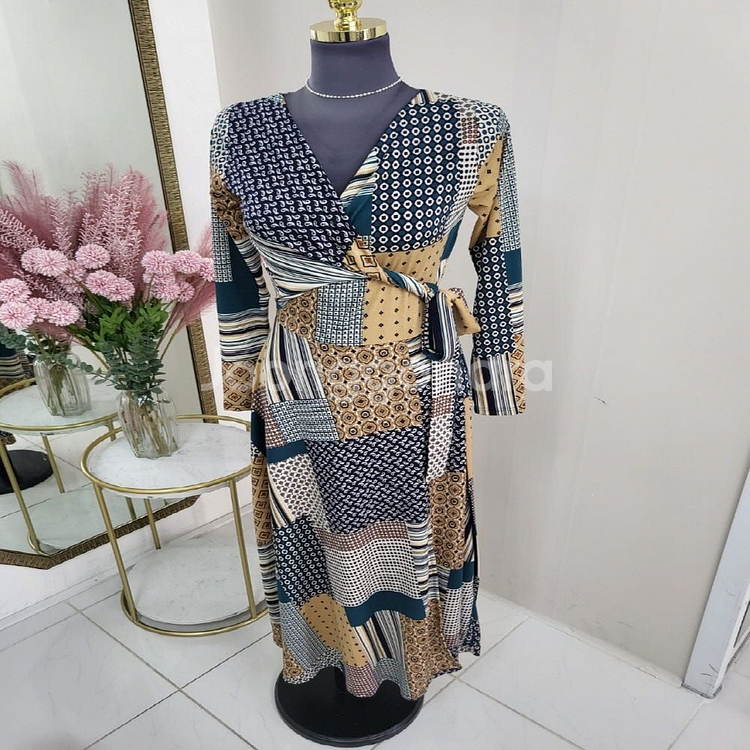 기하학 긴팔 랩스타일 롱원피스--1