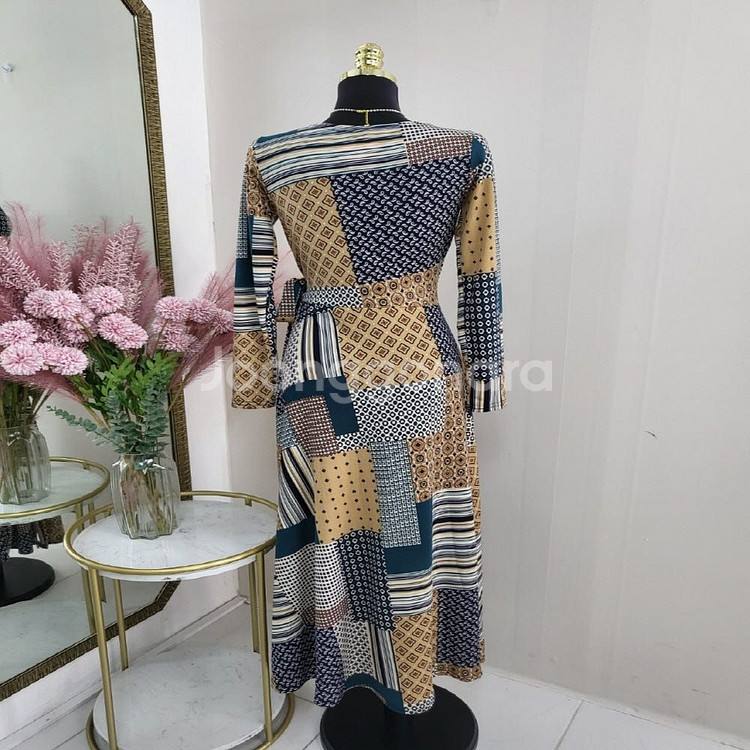 기하학 긴팔 랩스타일 롱원피스--3