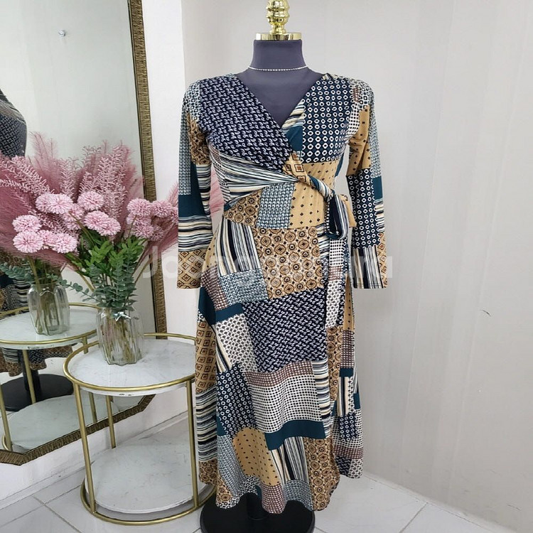 기하학 긴팔 랩스타일 롱원피스--4