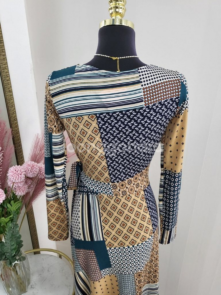 기하학 긴팔 랩스타일 롱원피스--5