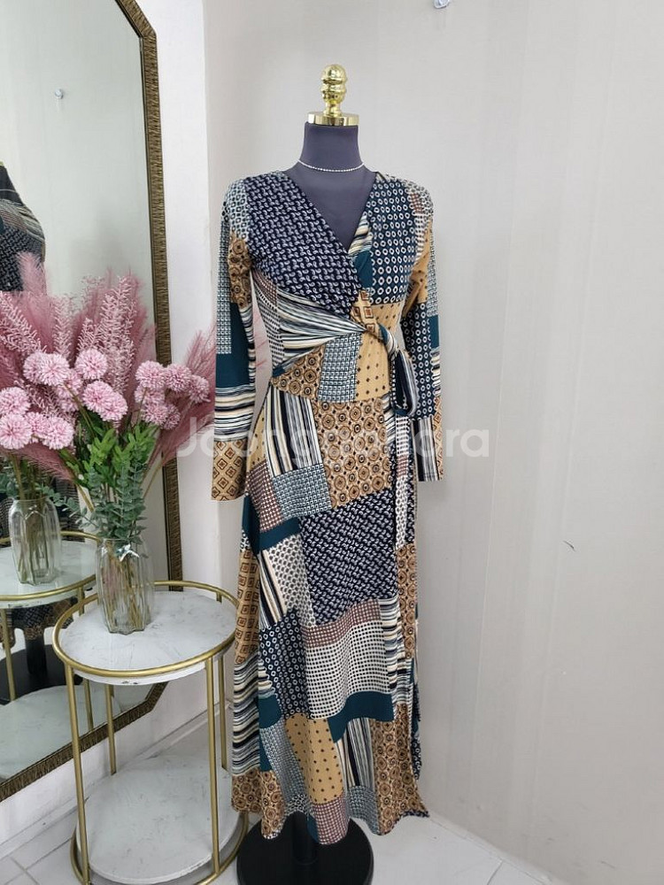 기하학 긴팔 랩스타일 롱원피스--8