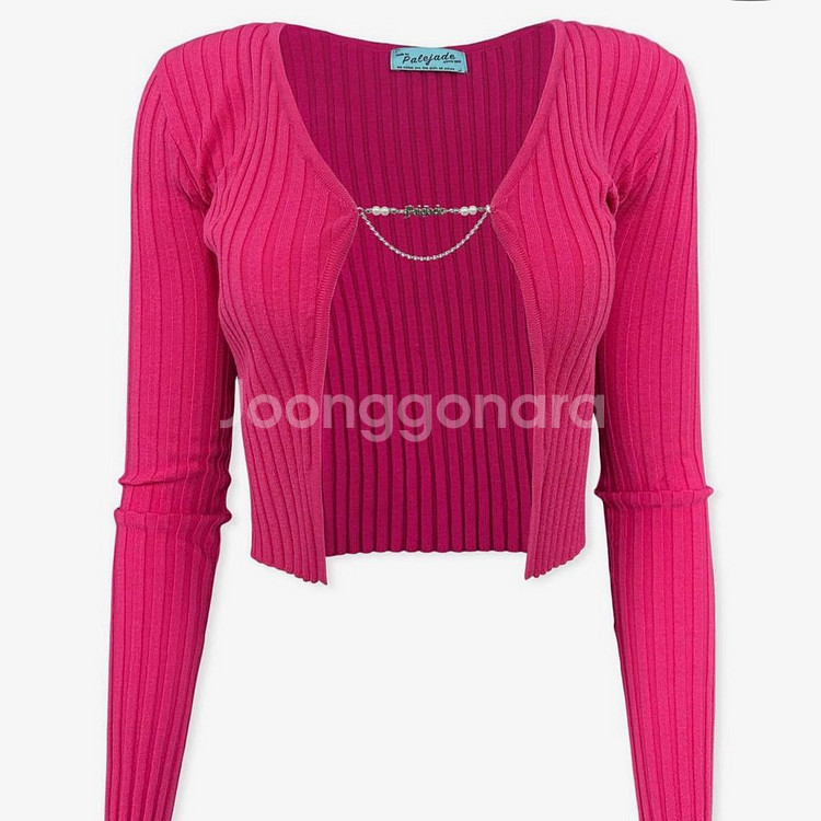 페일제이드 팬던트 진주 가디건 핫핑크--0