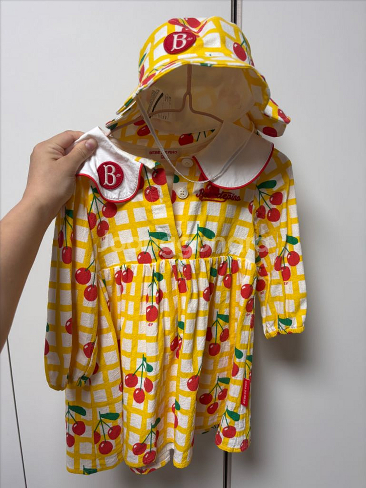 베베드피노 올오버체크체리베이비카라원피스 모자세트--2