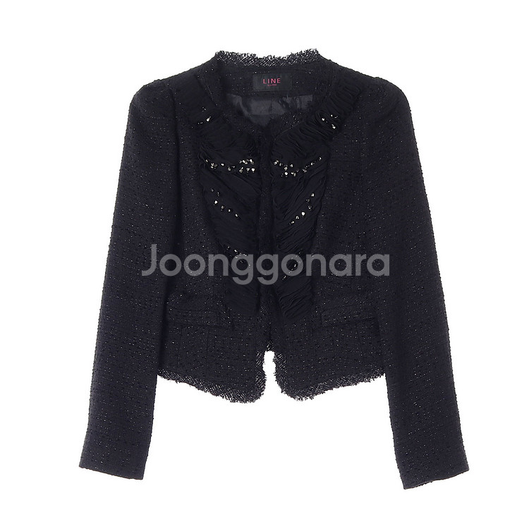 [S]라인 블랙 물결 큐빅 트림 트위드 숏 재킷 자켓--0