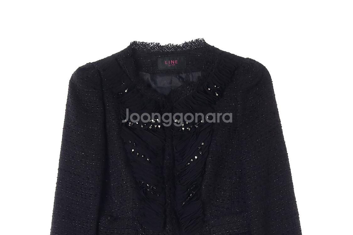 [S]라인 블랙 물결 큐빅 트림 트위드 숏 재킷 자켓--1