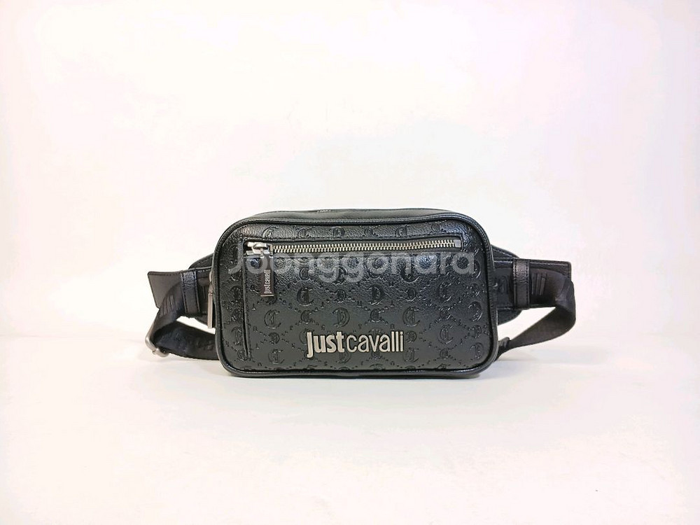 저스트까발리 올오버 고딕 검정 가죽 웨이스트 백--0