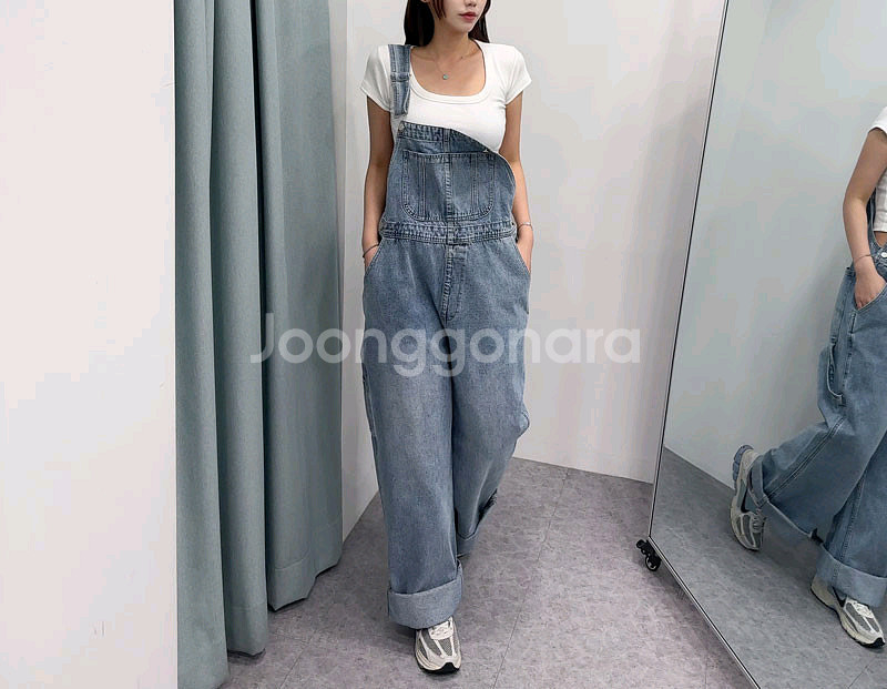 고퀄 데님 멜빵바지 청멜빵 와이드 데님 오버롤팬츠--3