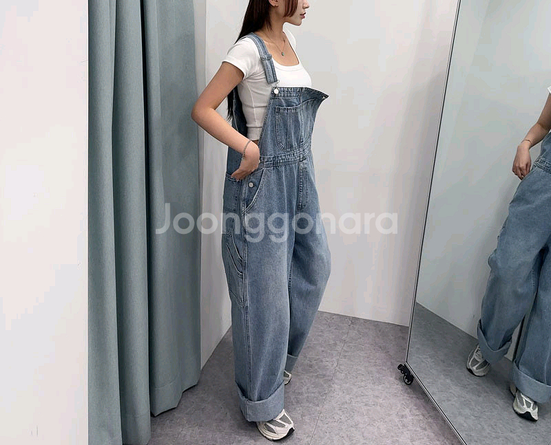 고퀄 데님 멜빵바지 청멜빵 와이드 데님 오버롤팬츠--5