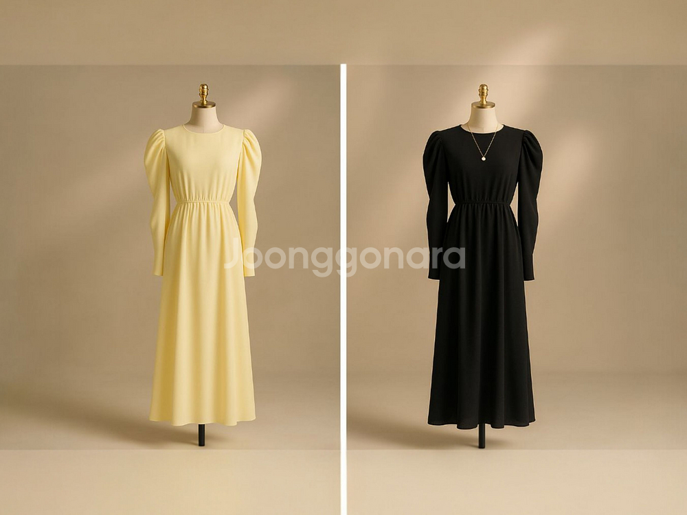 퍼프 셔링 플레어 롱원피스 하객룩 데이트룩ㅡ무배--0