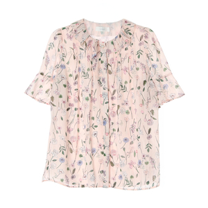 [S]라인 연핑크 플로럴 러플 카라 반팔 블라우스