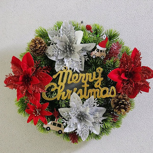 새상품)대형 솔방울 원목 자동차 포인세티아 조화 리스