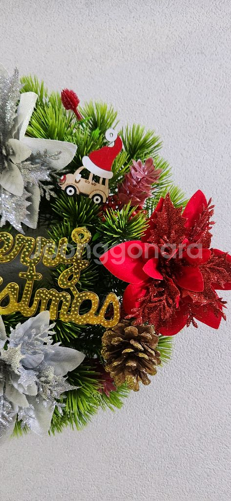 새상품)대형 솔방울 원목 자동차 포인세티아 조화 리스--1