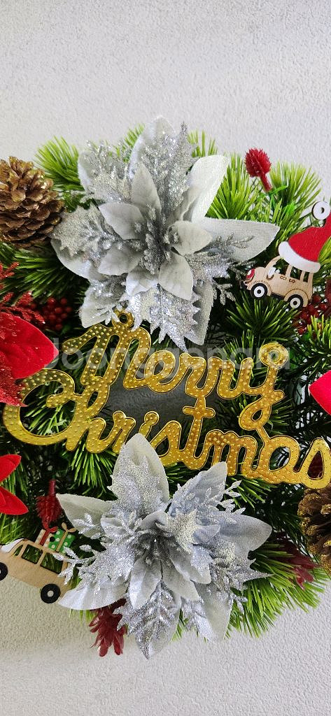 새상품)대형 솔방울 원목 자동차 포인세티아 조화 리스--6