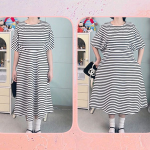 스트라이프 나그랑 분또 소매벌룬 롱 원피스