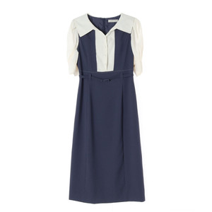 [S]라인 네이비 아이보리 빅카라 러프 반팔 벨트 롱