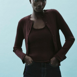 자라 리브드 니트 가디건 & 슬리브리스 세트