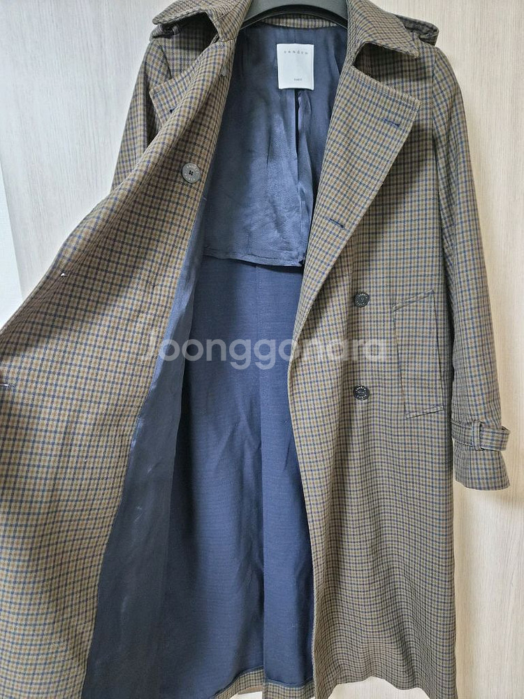 (신세경착용)산드로 체크 깅엄 트렌치코트 여성 롱코트--7