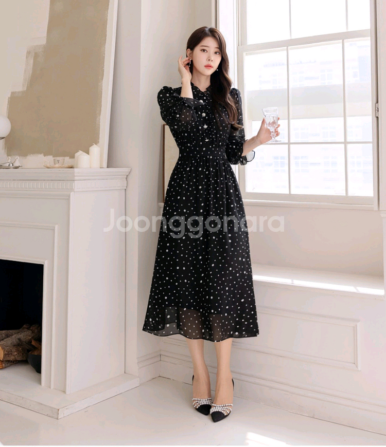 시크라인 프랩피아 도트 플레어 쉬폰 원피스--1