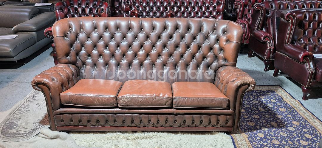 수입 체스터필드 전체 천연가죽 3인 소파--0