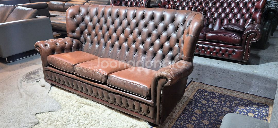 수입 체스터필드 전체 천연가죽 3인 소파--1