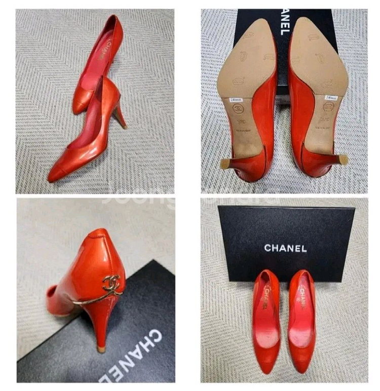(정품) 샤넬 오렌지 페이던트 금장로고 펌프스 힐--0