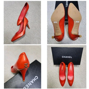 (정품) 샤넬 오렌지 페이던트 금장로고 펌프스 힐