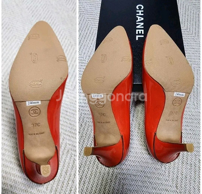 (정품) 샤넬 오렌지 페이던트 금장로고 펌프스 힐--9