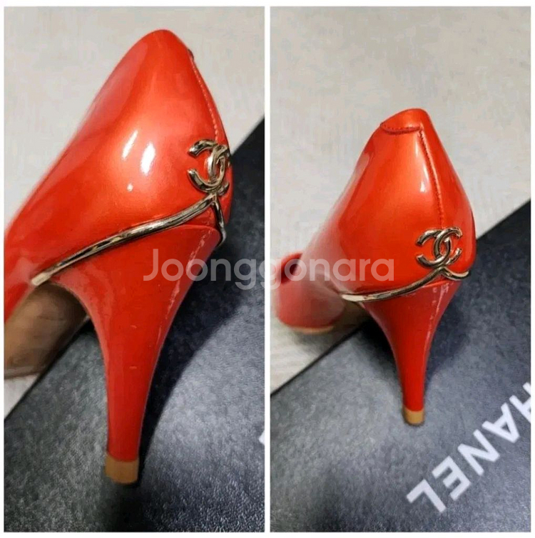 (정품) 샤넬 오렌지 페이던트 금장로고 펌프스 힐--7