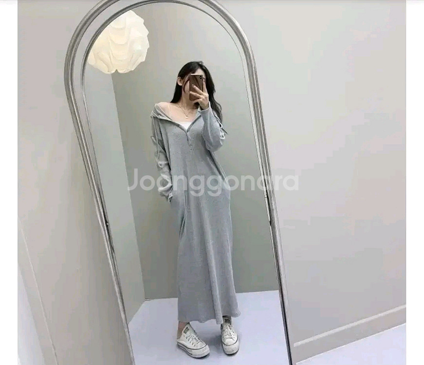 버튼 골지 후드 롱원피스 2종--1