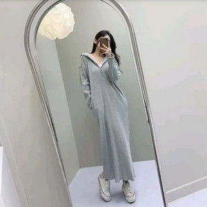 버튼 골지 후드 롱원피스 2종