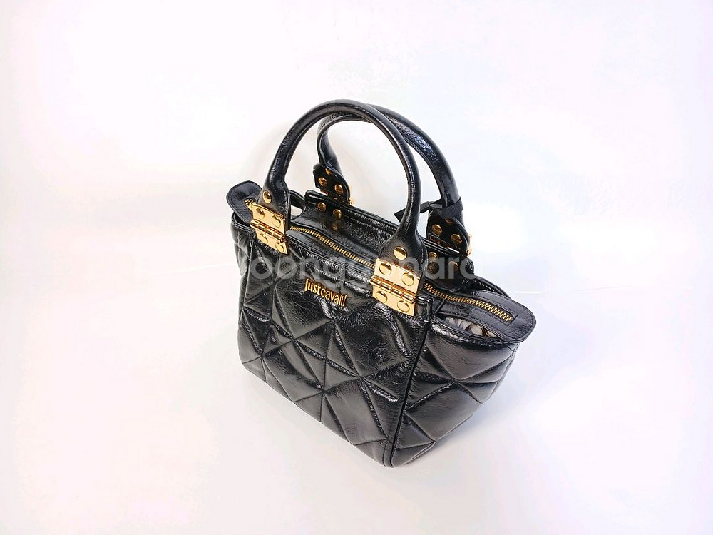 저스트까발리 메탈 경첩 검정 누비 가죽 여성 스몰 토트--2