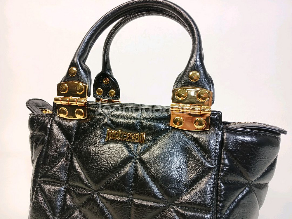 저스트까발리 메탈 경첩 검정 누비 가죽 여성 스몰 토트--4