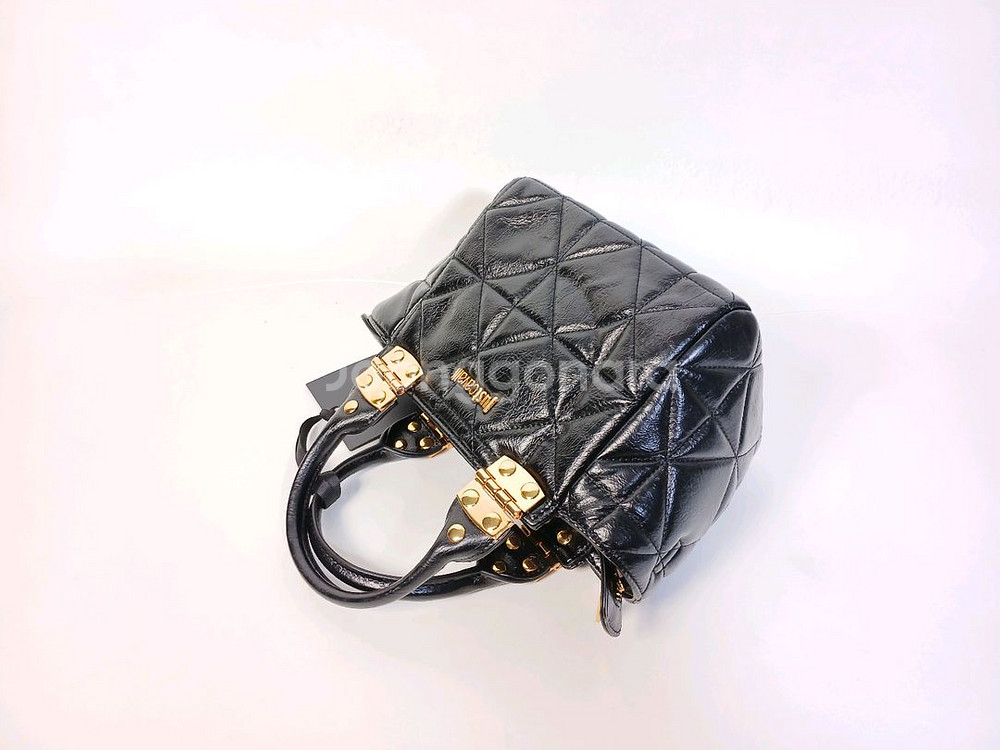 저스트까발리 메탈 경첩 검정 누비 가죽 여성 스몰 토트--7