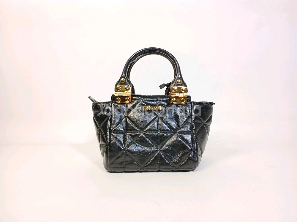 저스트까발리 메탈 경첩 검정 누비 가죽 여성 스몰 토트--5