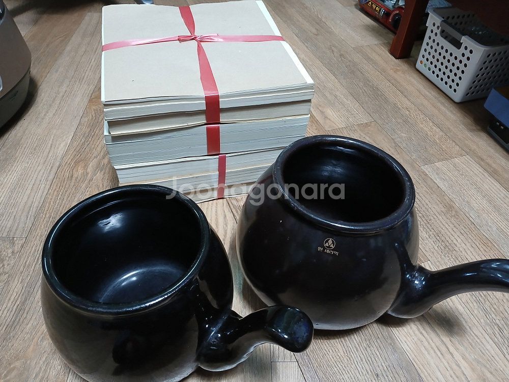 옹기 약탕기 2개일괄 한지덮개 포함 18/16.5cm--0
