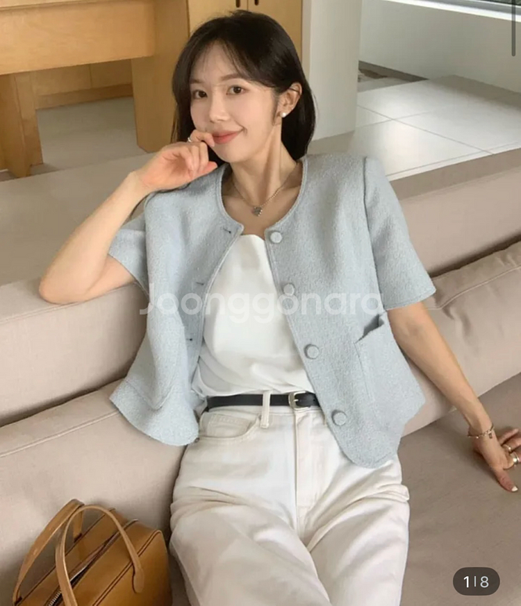 스파오 하객룩 트위드 크롭 반팔 자켓 L--0