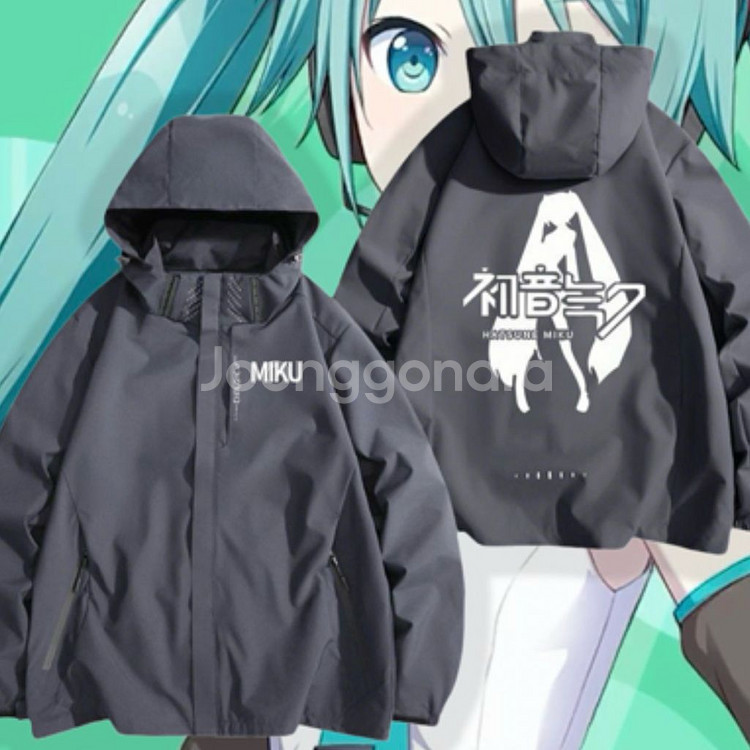 하츠네미쿠 바람막이 자켓 남녀공용 후드 아웃도어 루즈핏--3