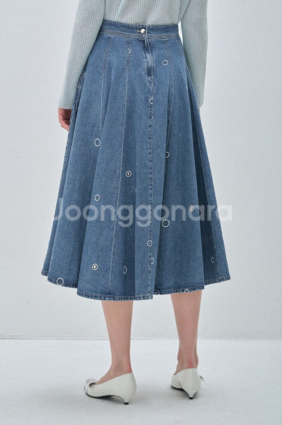 자수장식 그레이데님 플레어스커트 반밴딩 풀훌롱치마 마인--4