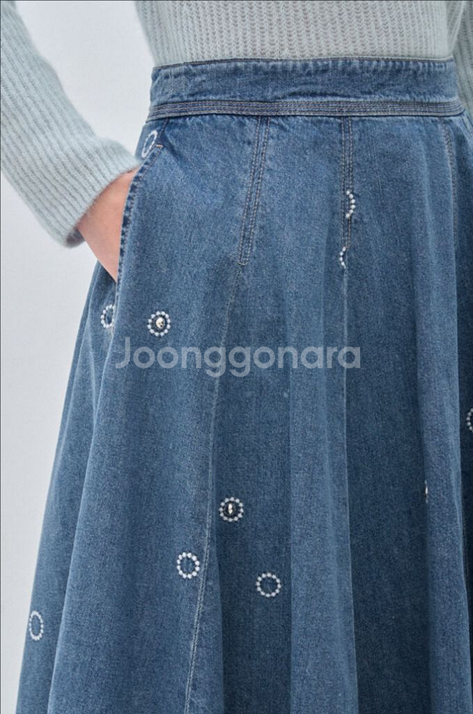 자수장식 그레이데님 플레어스커트 반밴딩 풀훌롱치마 마인--5