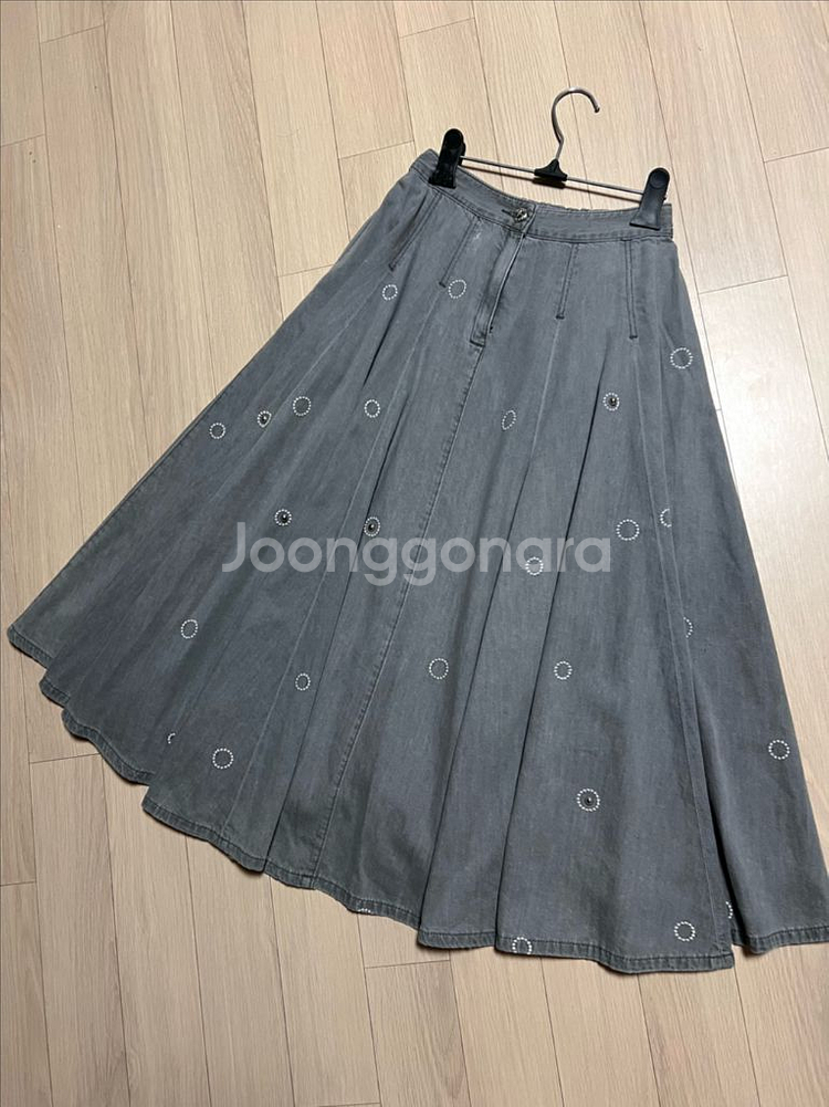 자수장식 그레이데님 플레어스커트 반밴딩 풀훌롱치마 마인--13