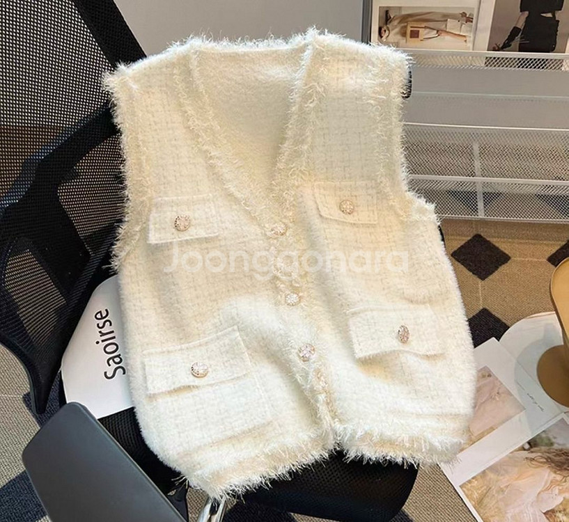 신축성좋은 니트트위드조끼 블랙 아이보리 프리사이즈--0