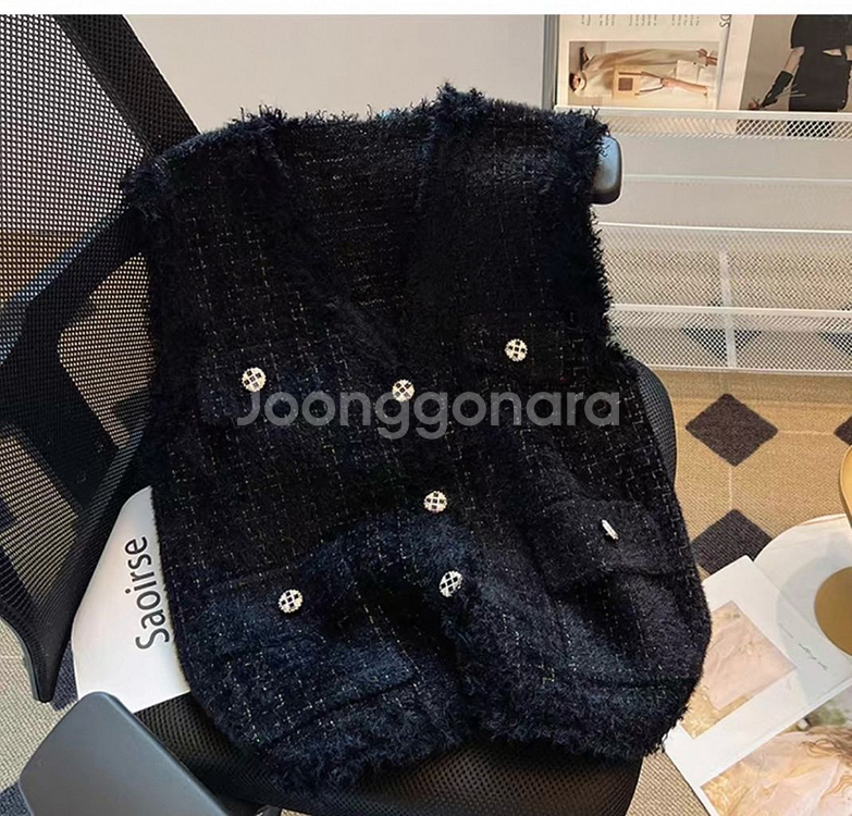 신축성좋은 니트트위드조끼 블랙 아이보리 프리사이즈--5