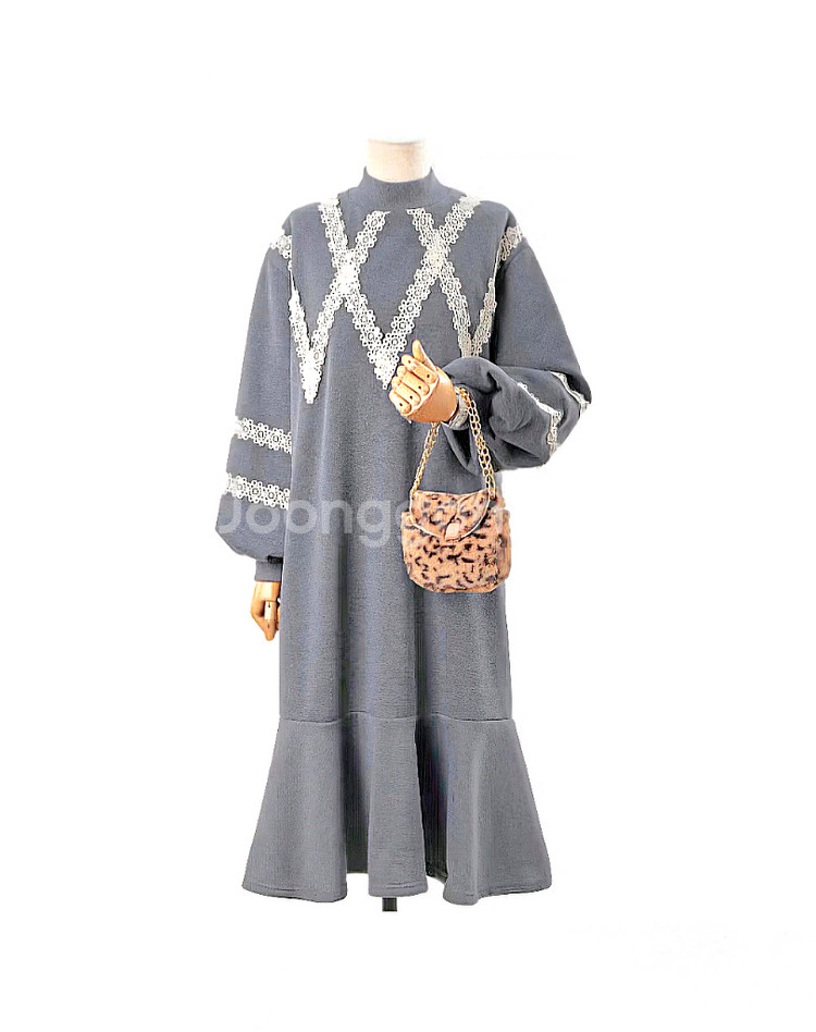 반목 레이스 기모안감 러플 긴팔 롱 원피스--0